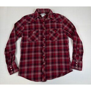 Wrangler Wrancher Men M Red Plaid Flannel Pearl Snap Western Work Shirt Cotton